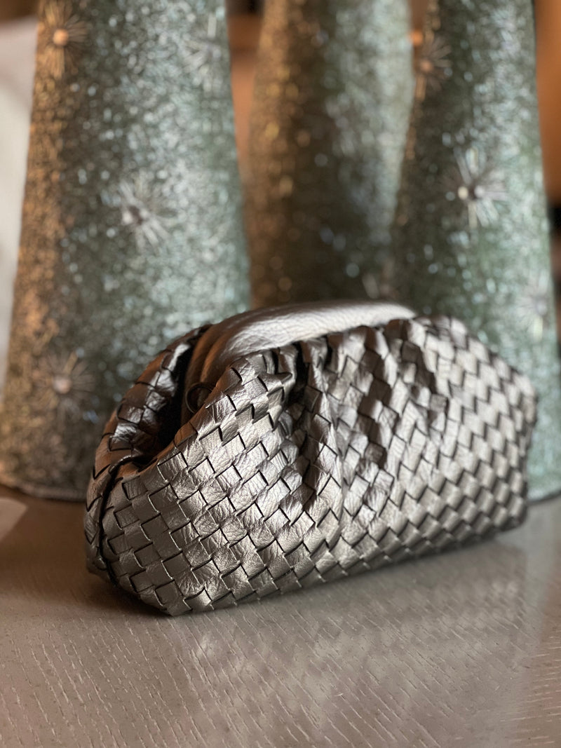 Steely woven clutch bag